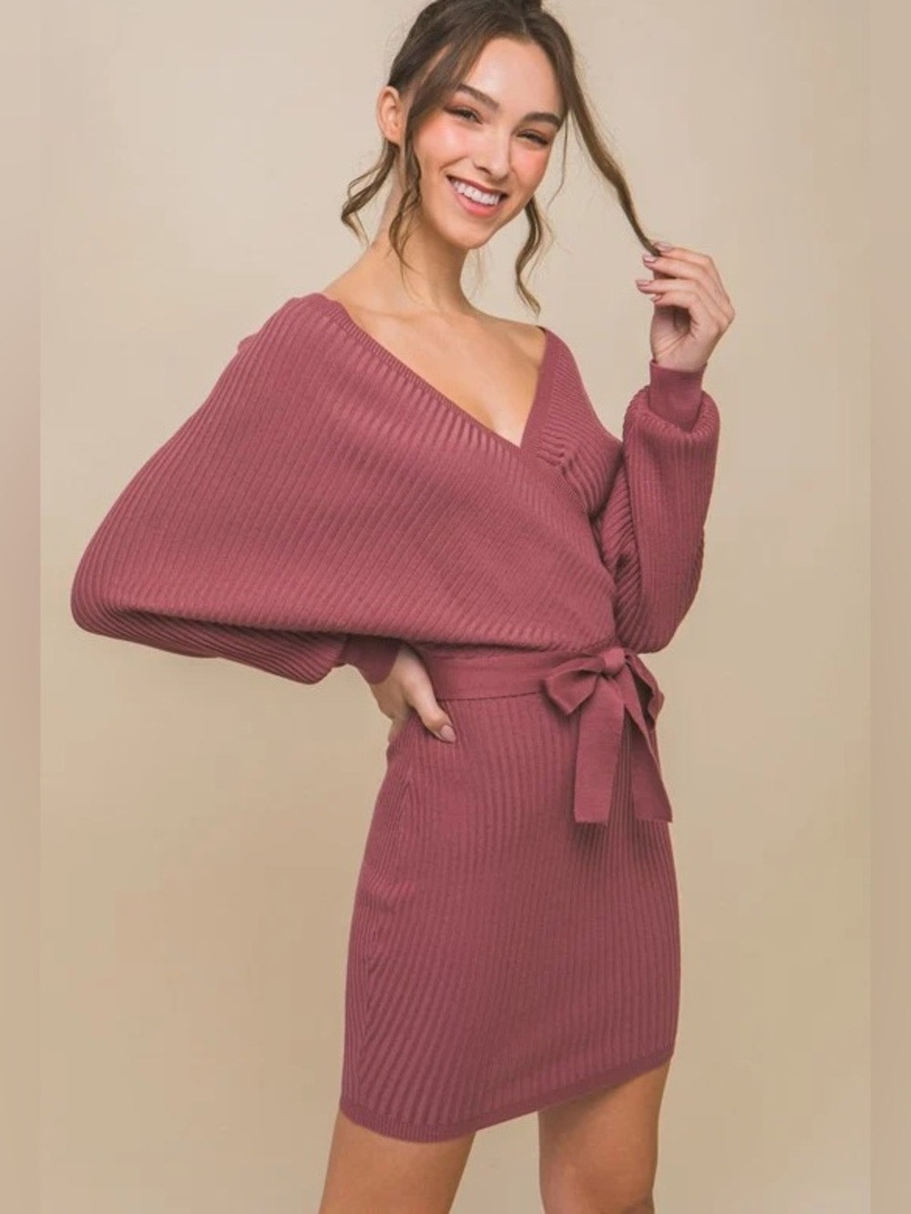 Ribbed Wrap Long-Sleeve Dress in Dusty Rose